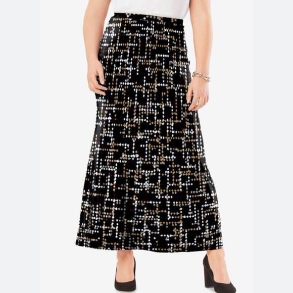 New JESSICA LONDON Printed Knit Maxi Skirt Women's Size 12 Black Gold White - Picture 1 of 10